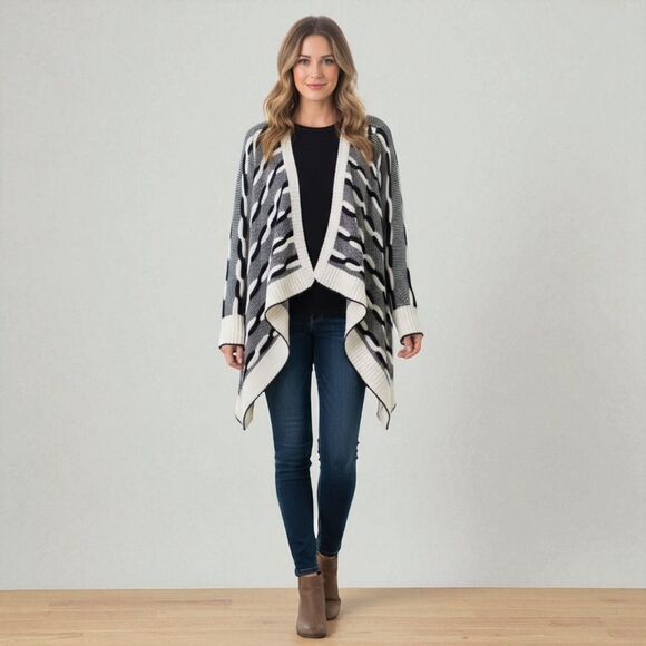 🍂 Cottagecore Braided Knit Cardigan OS Black Ivory Draped Boho Open 🖤 - Picture 1 of 15